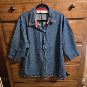 Victoria Jones Woman Blue Jean Shirt With  Stitch Work.  Size 2X